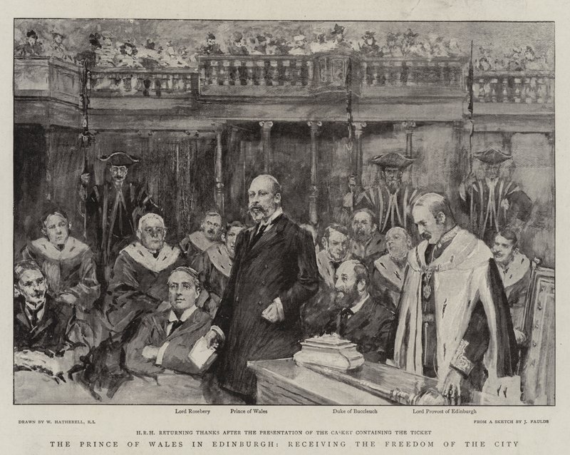 De Prins van Wales in Edinburgh, ontvangt de Vrijheid van de Stad door William Hatherell