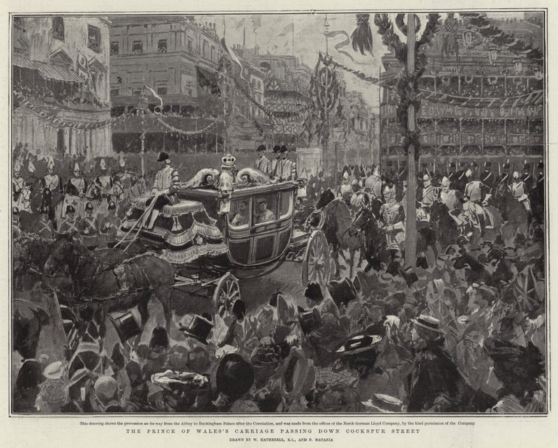De koets van de Prins van Wales die Cockspur Street passeert door William Hatherell