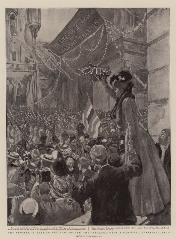 De Processie langs de Rechtbanken, de Infanterie met een Veroverde Transvaalse Vlag door William Hatherell