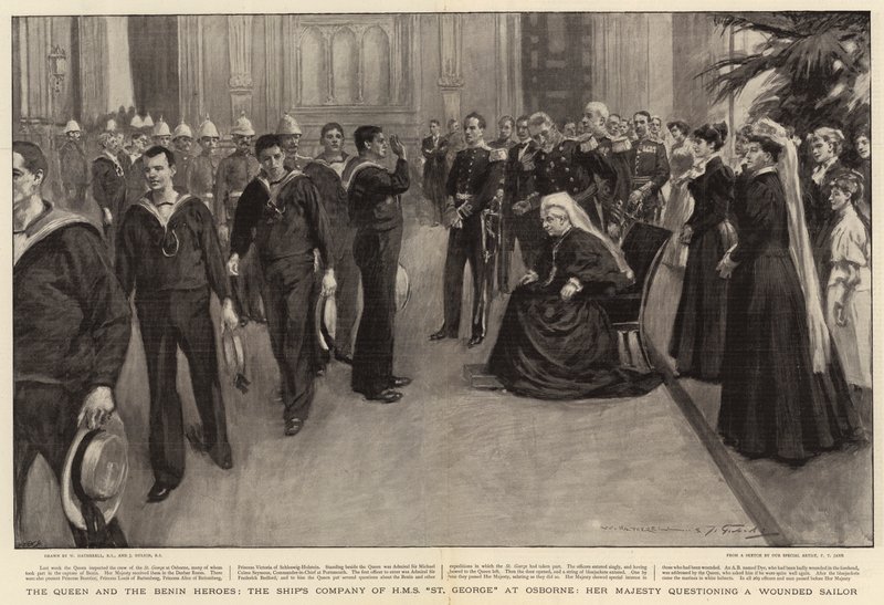 De Koningin en de Benin Helden, de Bemanning van H.M.S. St George bij Osborne, Hare Majesteit ondervraagt een Gewonde Zeeman door William Hatherell