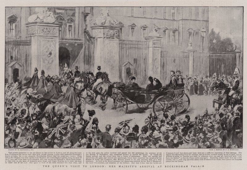 Het bezoek van de koningin aan Londen, de aankomst van Hare Majesteit bij Buckingham Palace door William Hatherell
