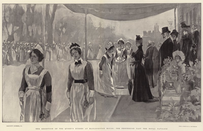 De ontvangst van de verpleegsters van de koningin in Marlborough House, de processie langs het koninklijk paviljoen door William Hatherell