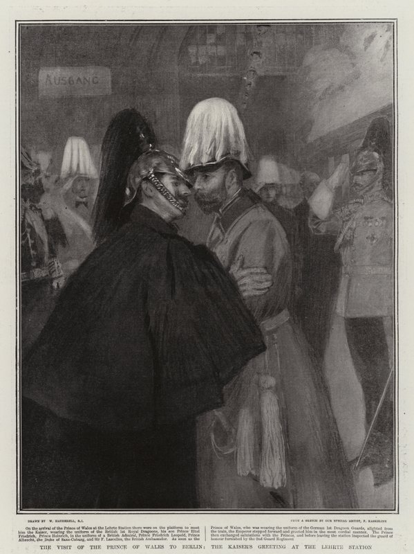 Het bezoek van de Prins van Wales aan Berlijn, de begroeting van de Kaiser op het Lehrte-station door William Hatherell