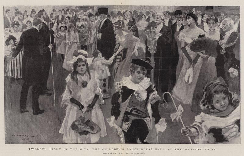Driekoningenavond in de stad, het kinderbal met verkleedkleding in het Mansion House door William Hatherell