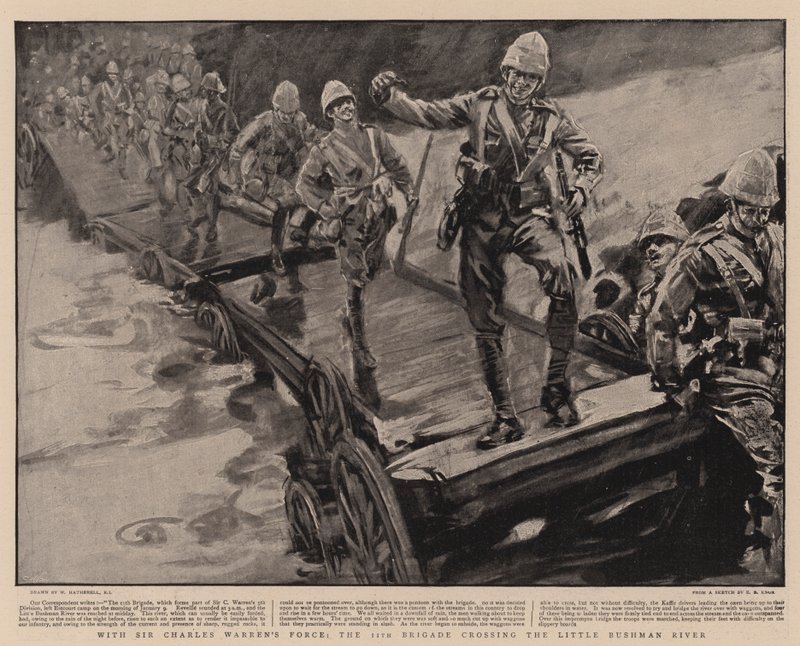Met de troepen van Sir Charles Warren, de 11e brigade steekt de Little Bushman River over door William Hatherell
