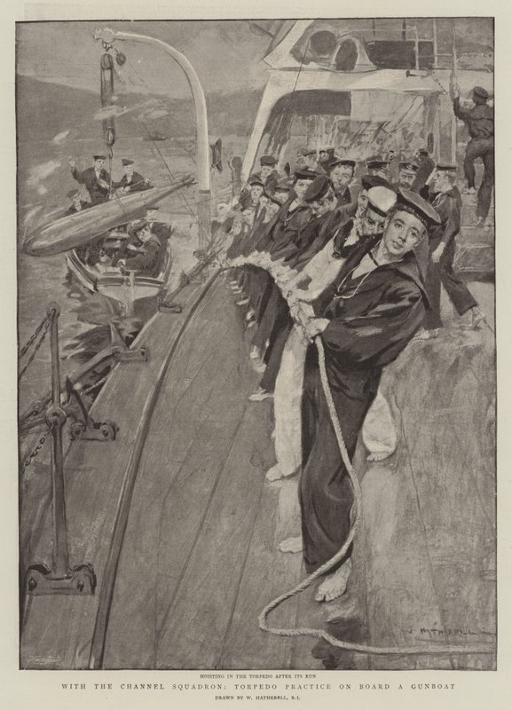 Met het Kanaalsquadron, Torpedo-oefening aan Boord van een Kanonneerboot door William Hatherell
