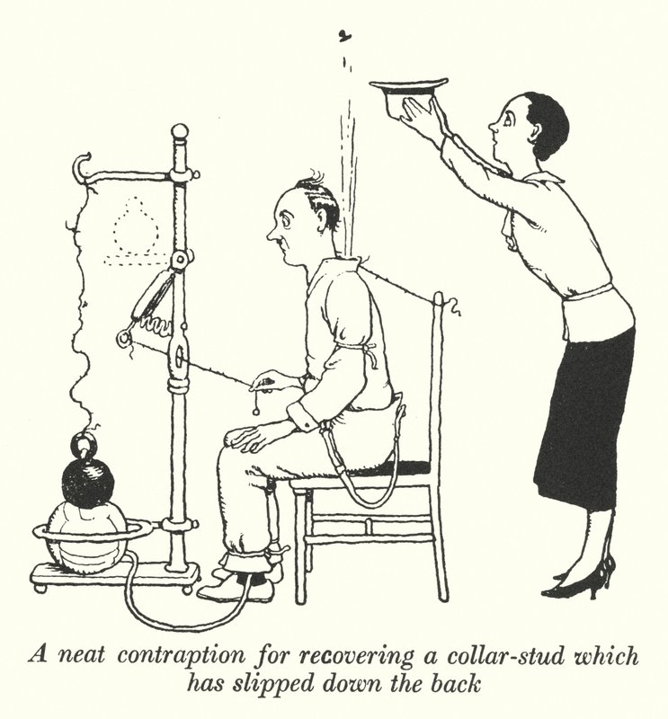 Een nette uitvinding om een kraagknoopje terug te halen dat naar beneden is gegleden door William Heath Robinson