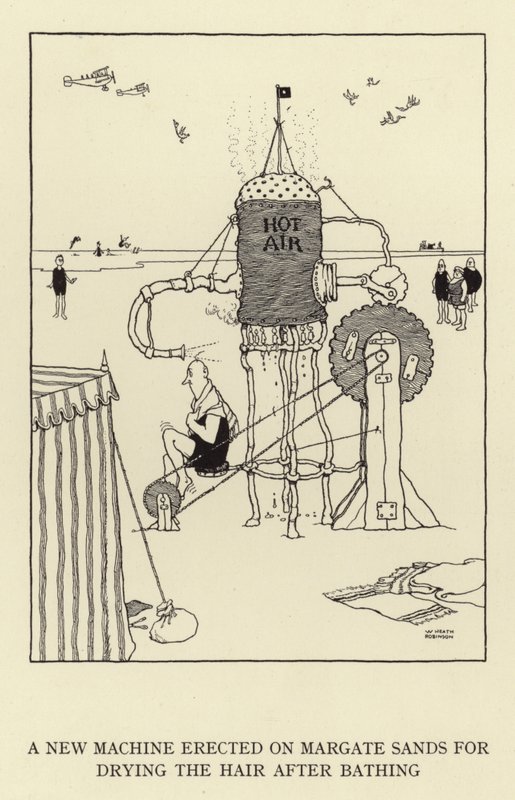 Een nieuwe machine opgericht op Margate Sands voor het drogen van het haar na het baden door William Heath Robinson