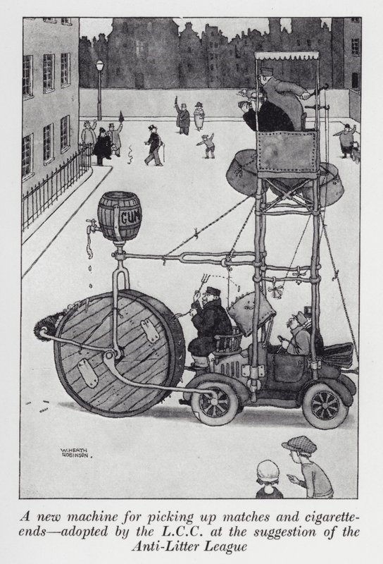 Een nieuwe machine voor het oprapen van lucifers en sigarettenpeuken, aangenomen door de LCC op suggestie van de Anti-Litter League door William Heath Robinson