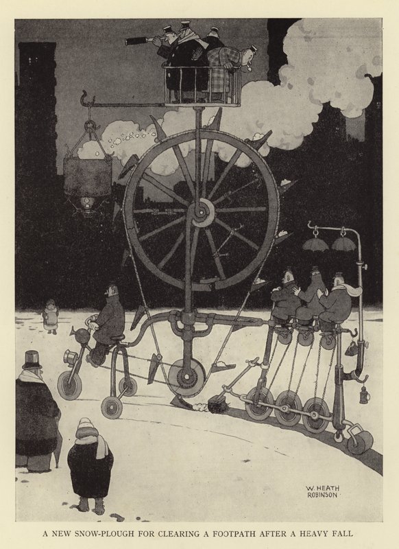 Een nieuwe sneeuwploeg voor het vrijmaken van een voetpad na een zware sneeuwval door William Heath Robinson