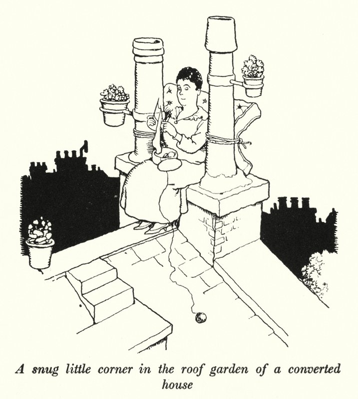Een knus hoekje in de daktuin van een verbouwd huis door William Heath Robinson
