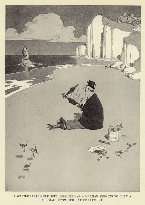 Een warmhartige oude ziel vermomd als een meerman die probeert een zeemeermin uit haar natuurlijke element te lokken door William Heath Robinson