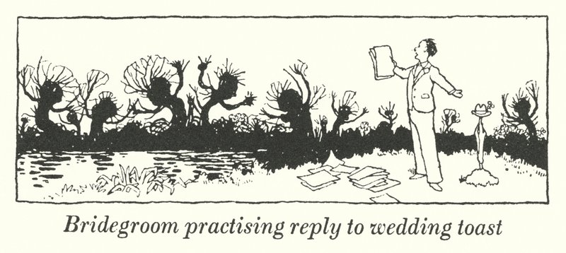 Bruidegom oefent antwoord op bruiloftstoespraak door William Heath Robinson