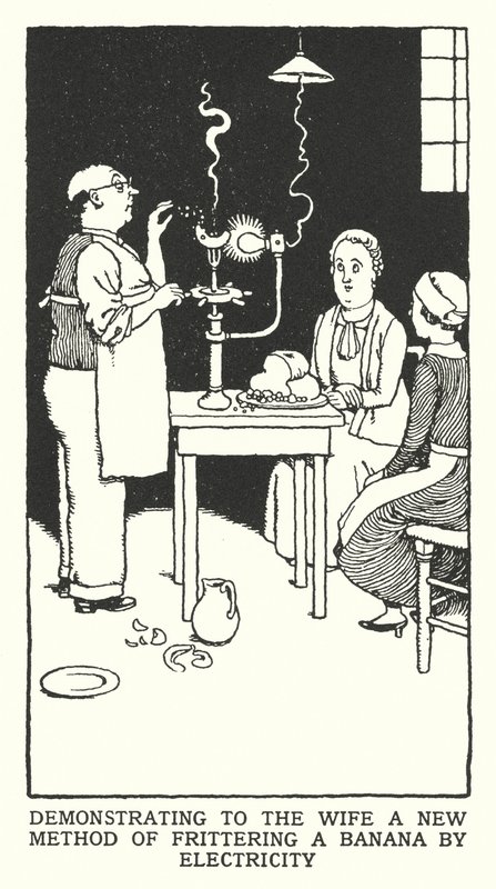 Demonstreren aan de vrouw een nieuwe methode om een banaan te frituren met elektriciteit door William Heath Robinson