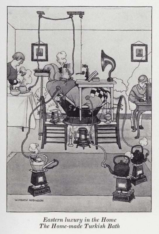 Oosterse luxe in huis, het zelfgemaakte Turkse bad (litho) door William Heath Robinson