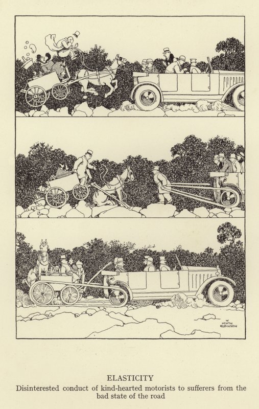 Elasticiteit, onbaatzuchtig gedrag van goedhartige automobilisten voor slachtoffers van de slechte staat van de weg door William Heath Robinson