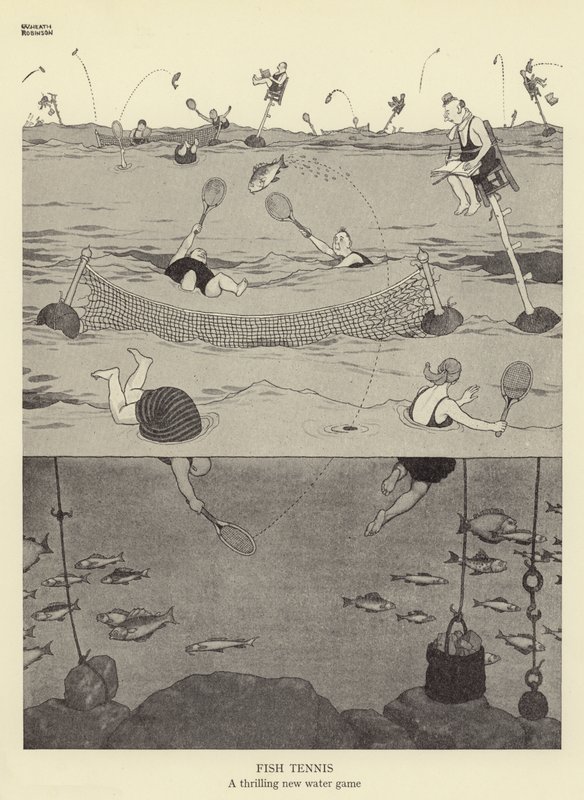 Vis Tennis, een spannend nieuw waterspel door William Heath Robinson