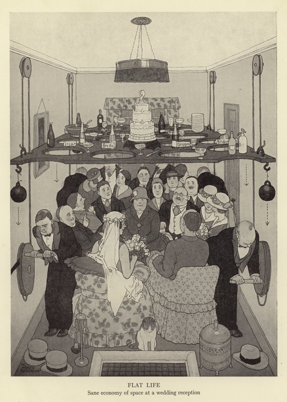 Plat leven, verstandige ruimte-economie bij een huwelijksreceptie door William Heath Robinson