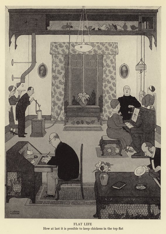 Plat leven, hoe het eindelijk mogelijk is om kippen te houden in het bovenste appartement door William Heath Robinson