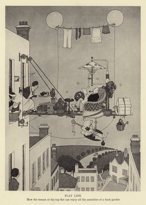 Flatleven, hoe de bewoner van de bovenste flat kan genieten van alle voorzieningen van een achtertuin door William Heath Robinson