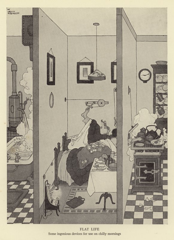 Flatleven, enkele ingenieuze apparaten voor gebruik op koude ochtenden door William Heath Robinson