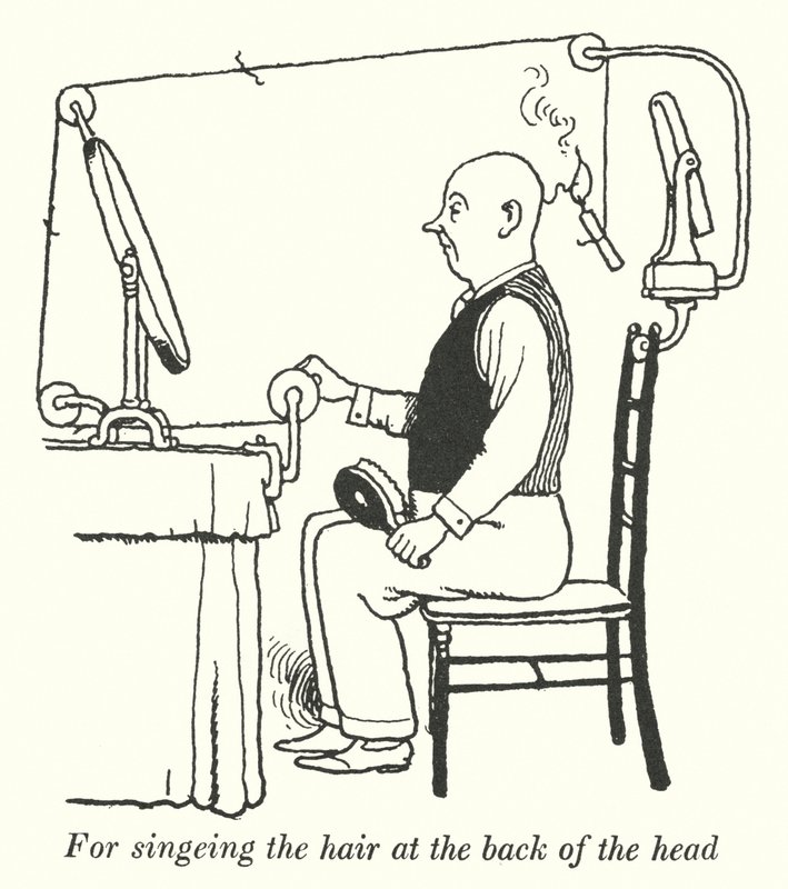 Voor het schroeien van het haar aan de achterkant van het hoofd door William Heath Robinson
