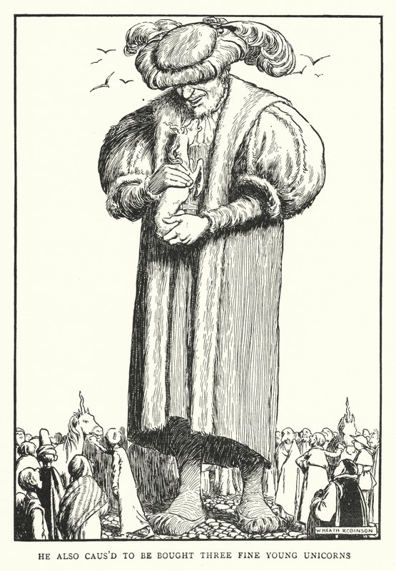Hij liet ook drie fijne jonge eenhoorns kopen (litho) door William Heath Robinson