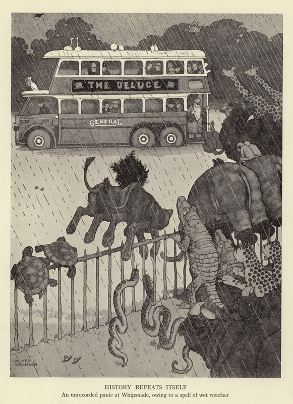 Geschiedenis herhaalt zich, een ongeregistreerde paniek in Whipsnade, vanwege een periode van nat weer door William Heath Robinson