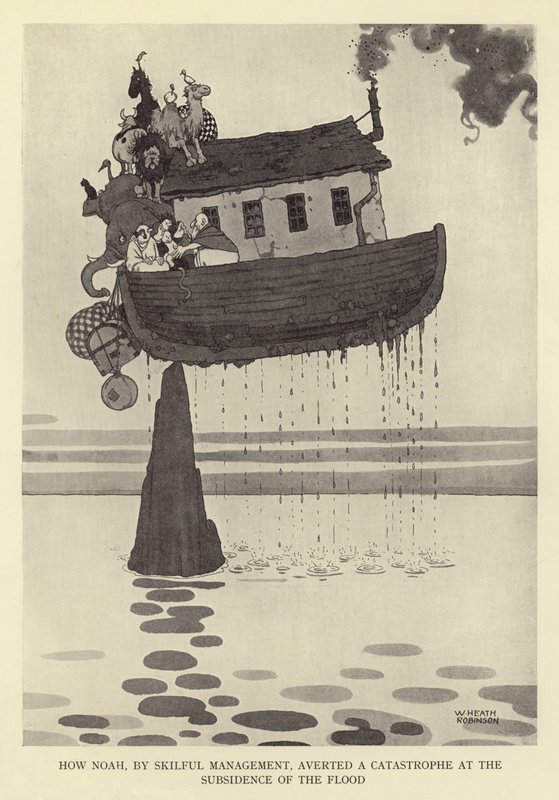 Hoe Noach door vaardig beheer een ramp voorkwam bij het zakken van de vloed door William Heath Robinson