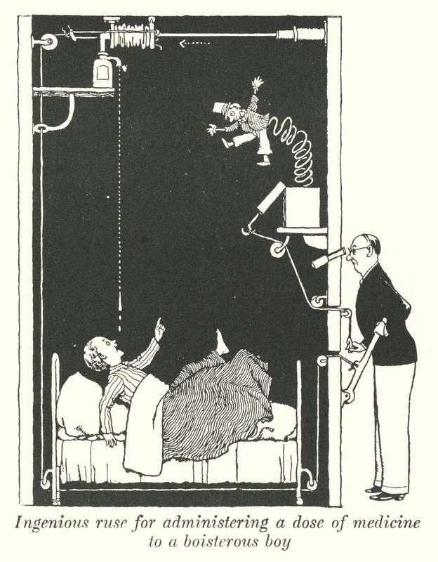 Vindingrijke list om een dosis medicijn toe te dienen aan een uitbundige jongen (litho) door William Heath Robinson