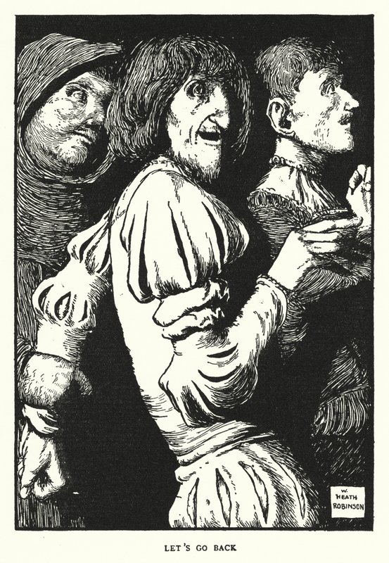 Laten we teruggaan (litho) door William Heath Robinson