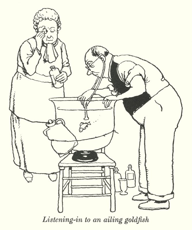 Luisteren naar een zieke goudvis door William Heath Robinson