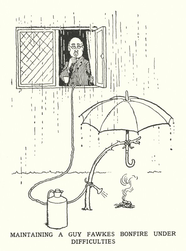 Een Guy Fawkes vreugdevuur onderhouden onder moeilijke omstandigheden door William Heath Robinson