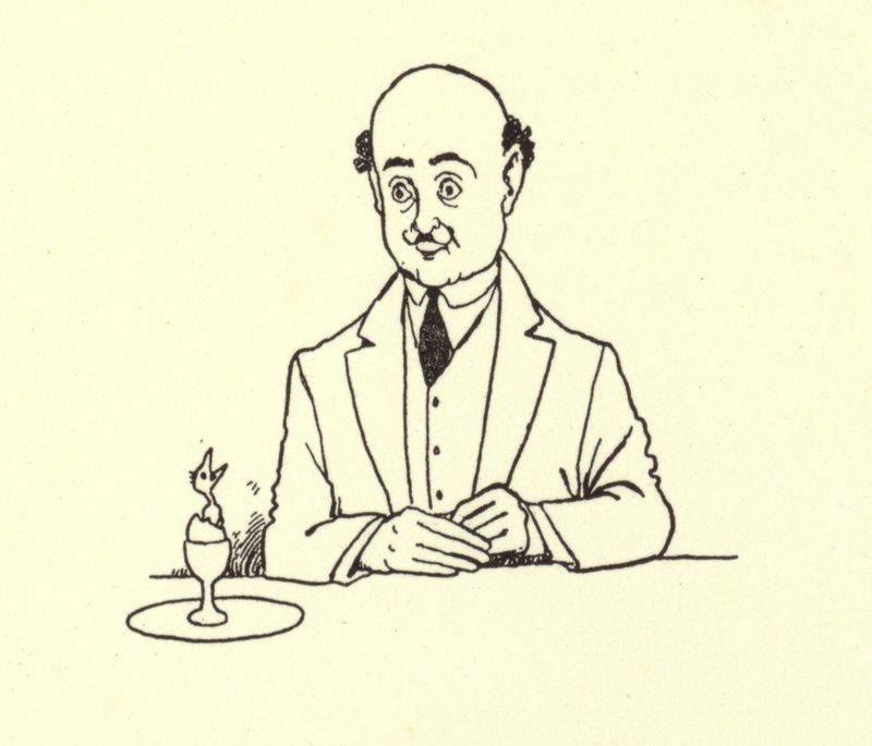 Man verrast door vogel in zijn ochtendei door William Heath Robinson