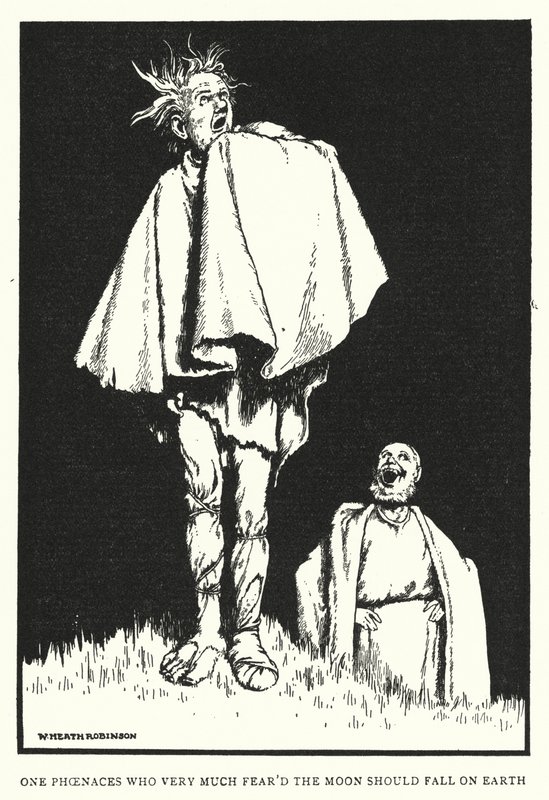 Een Phoenaces die erg bang was dat de maan op aarde zou vallen door William Heath Robinson