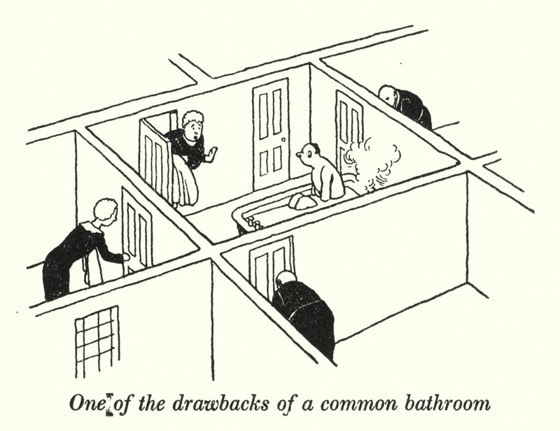 Een van de nadelen van een gemeenschappelijke badkamer door William Heath Robinson