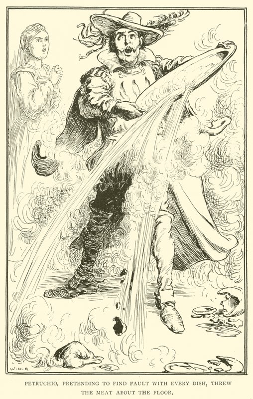 Petruchio, die deed alsof hij elk gerecht afkeurde, gooide het vlees over de vloer door William Heath Robinson