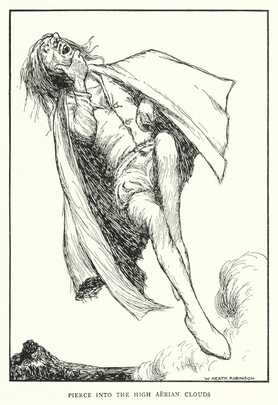 Doordringen in de hoge luchtige wolken (litho) door William Heath Robinson