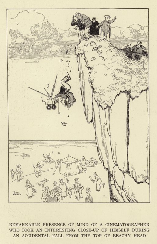 Opmerkelijke tegenwoordigheid van geest van een cinematograaf die een interessante close-up van zichzelf maakte tijdens een toevallige val van de top van Beachy Head door William Heath Robinson