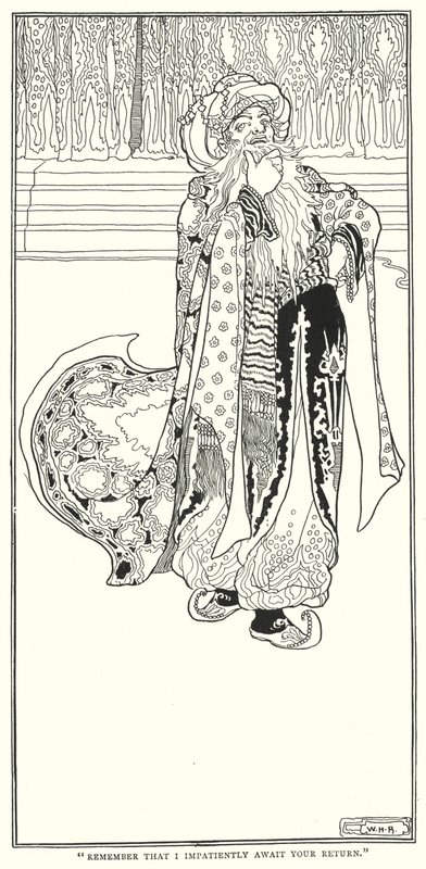 "Onthoud dat ik ongeduldig op je terugkeer wacht" (gravure) door William Heath Robinson