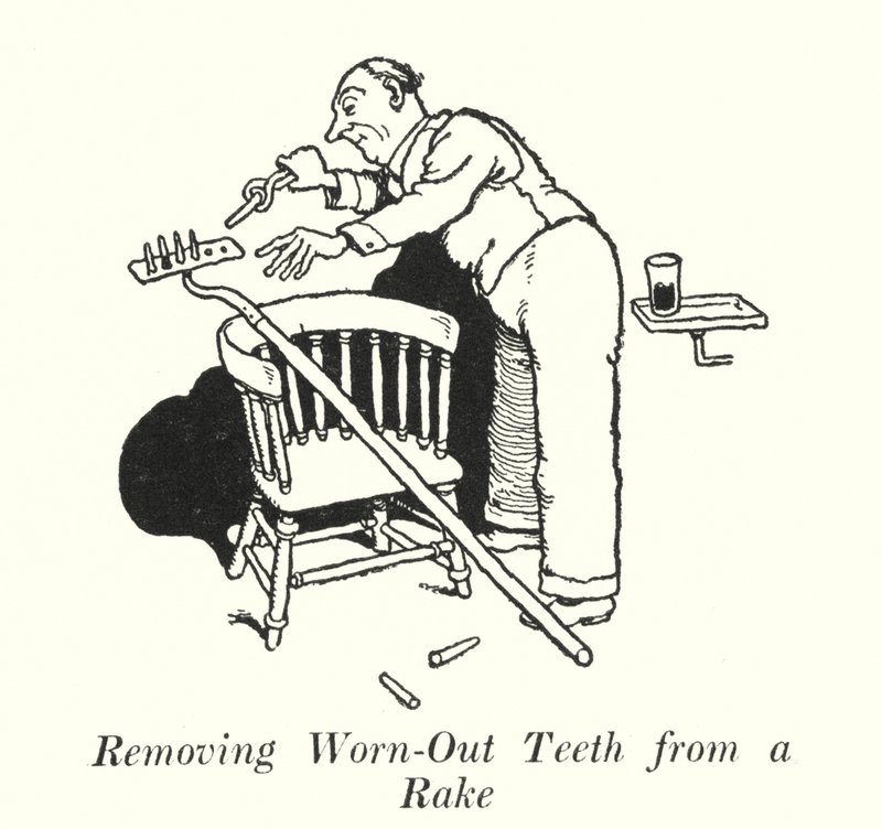 Versleten tanden van een hark verwijderen door William Heath Robinson