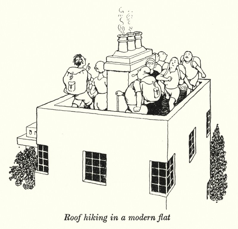 Dakwandelen in een modern appartement door William Heath Robinson