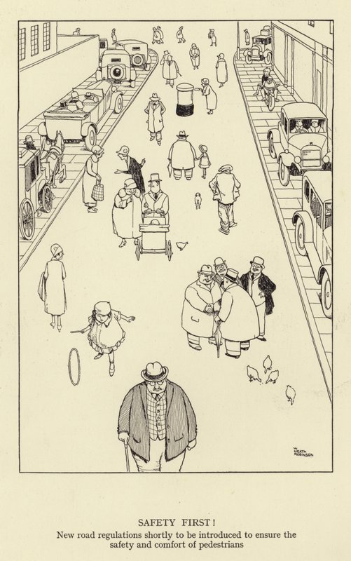 Veiligheid eerst! Nieuwe verkeersregels binnenkort ingevoerd om de veiligheid en het comfort van voetgangers te waarborgen door William Heath Robinson