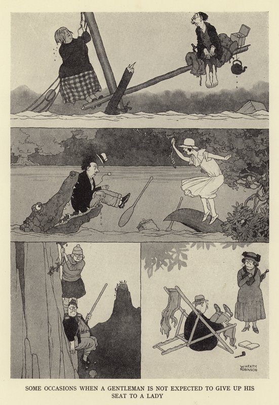 Sommige gelegenheden waarbij een heer niet wordt verwacht zijn stoel af te staan aan een dame door William Heath Robinson