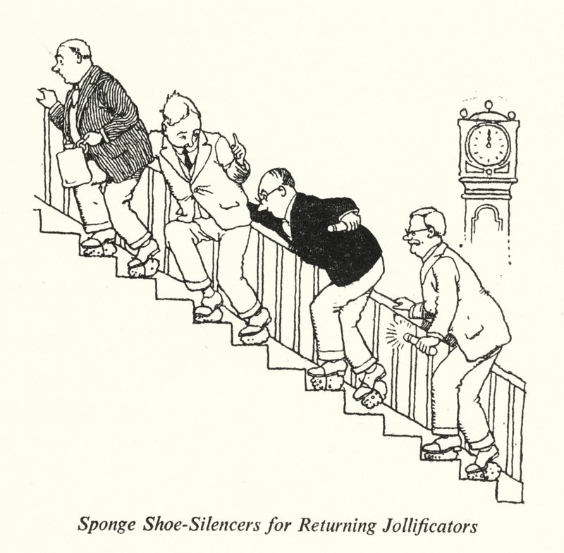 Spons schoen-dempers voor terugkerende feestvierders door William Heath Robinson