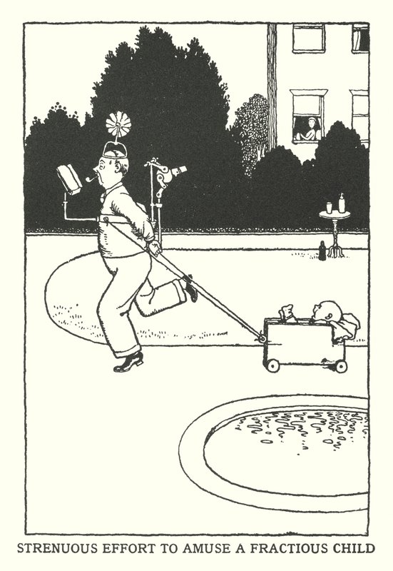 Inspannende poging om een lastig kind te vermaken (litho) door William Heath Robinson