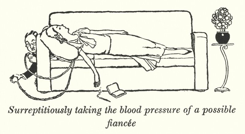 Stiekem de bloeddruk meten van een mogelijke verloofde (litho) door William Heath Robinson