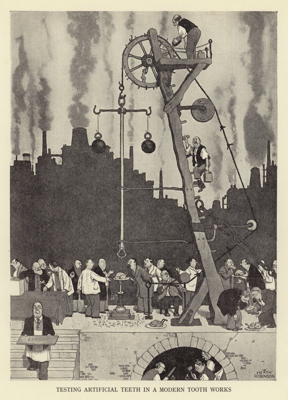 Testen van kunstgebitten in een moderne tandheelkundige werkplaats door William Heath Robinson