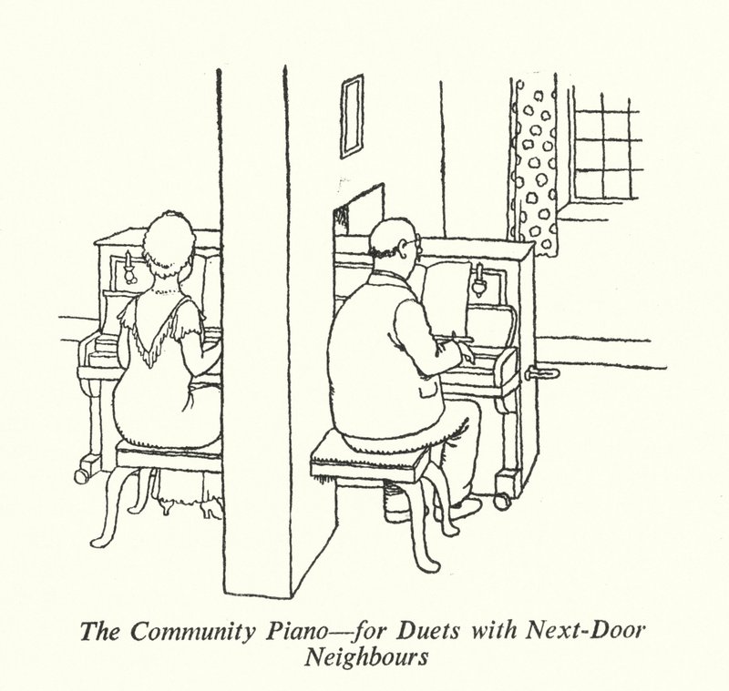 De Gemeenschapspiano, voor Duetten met Buren door William Heath Robinson