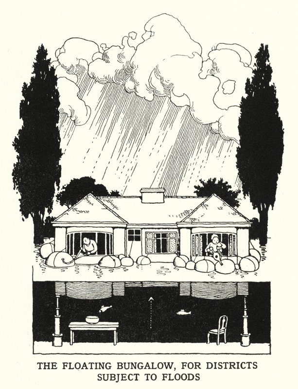 De drijvende bungalow, voor gebieden die onderhevig zijn aan overstromingen door William Heath Robinson